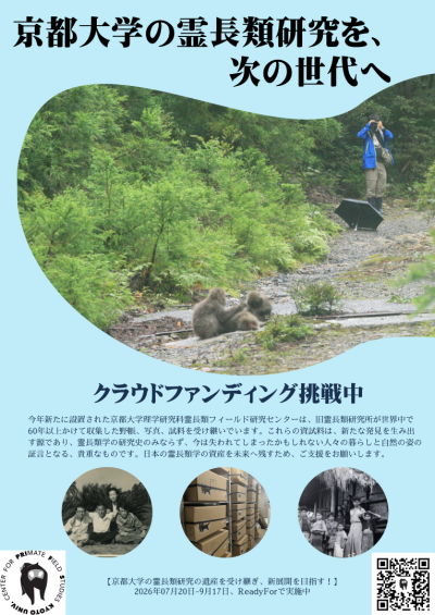 「京都大学の霊長類研究を、次の世代へ」と題したクラウドファンディング告知ポスター。野外でサルを観察する様子の写真とともに、京都大学霊長類フィールド研究センターへの支援を呼びかけている。